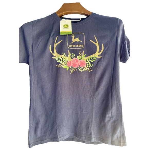 JOHN DEERE NAVY BLUE WOMENS  Large SHIRT PINK ROSE FLOWERS ANTLERS Brand New Tag - Picture 2 of 5